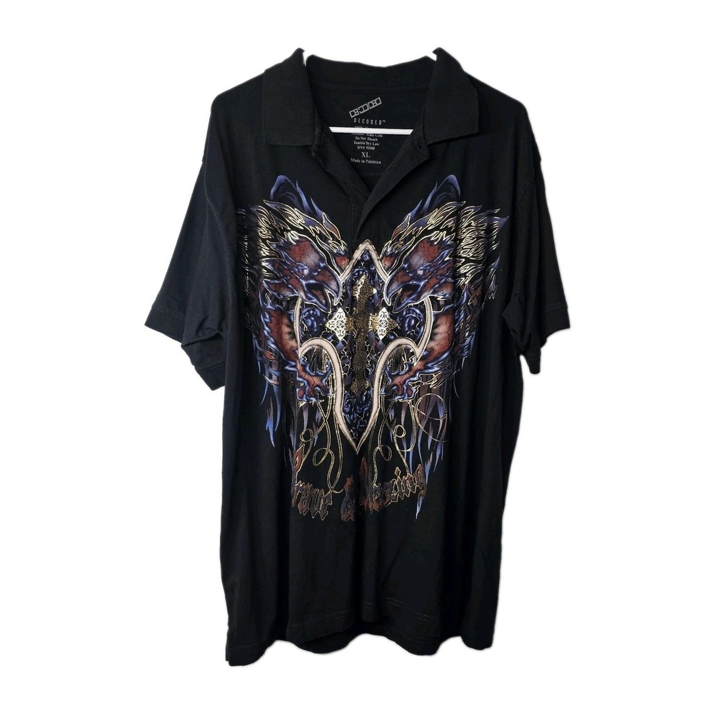 Decoded Men's Graphic T-Shirt XL Polo Streetwear Cross Flames Black 100% Cotton